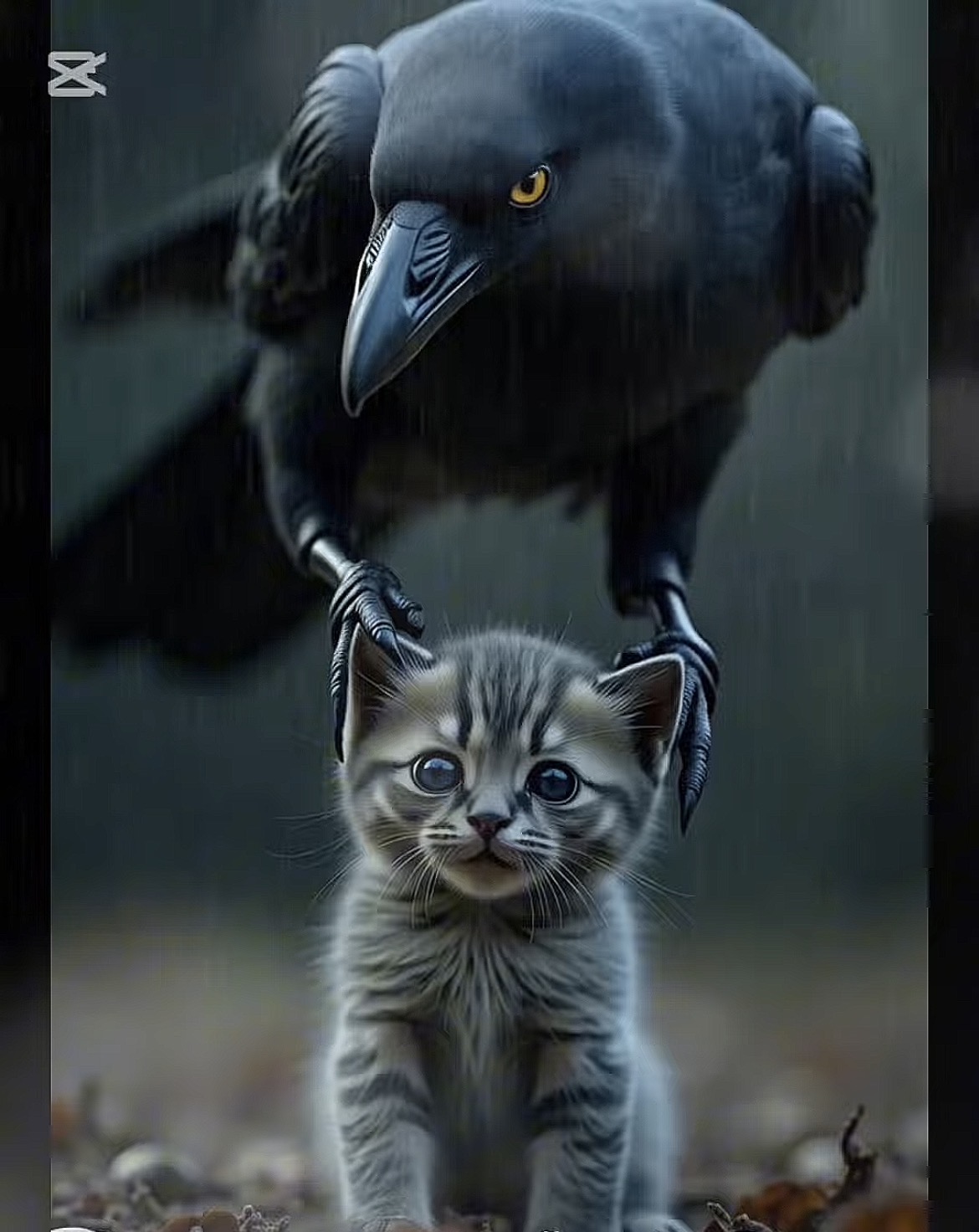 カラスが子猫をつかもうとする