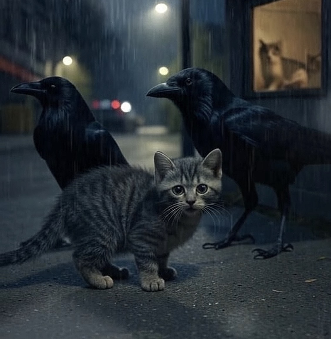 雨の中、カラスと子猫