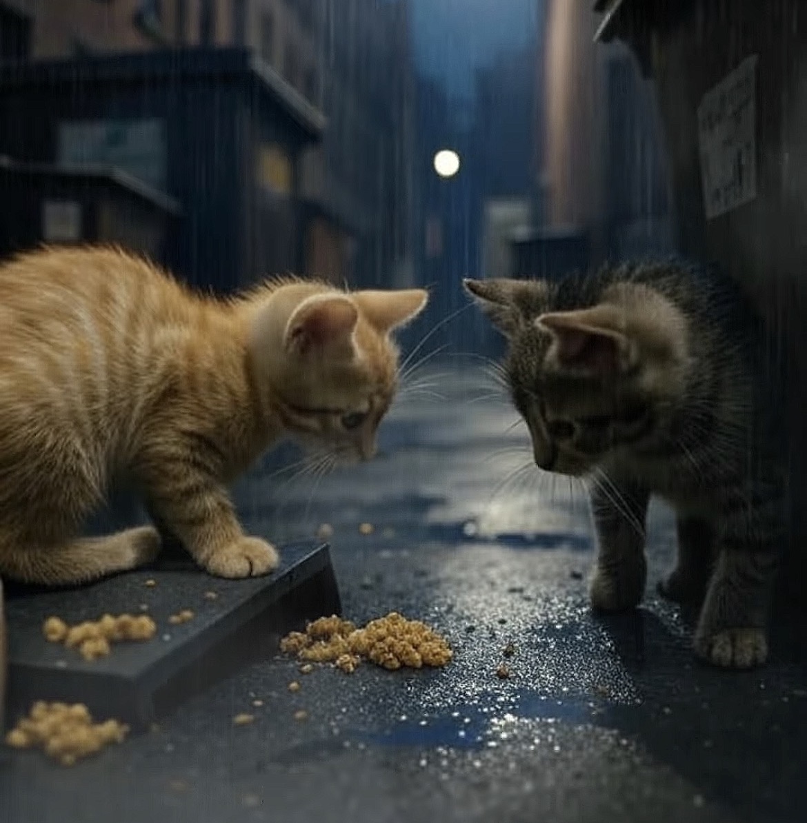 トラが弟とご飯を分け合う