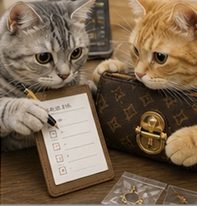 ブランドバッグとジュエリーをチェックリストで確かめる二匹の猫