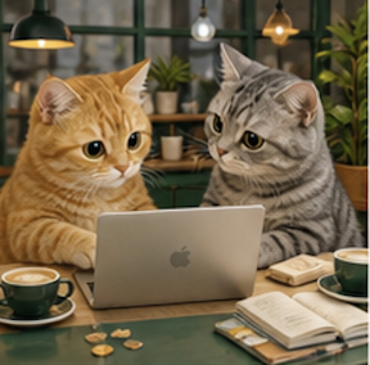カフェ風の部屋でノートパソコンの画面を一緒に覗き込む茶トラ猫とサバトラ猫