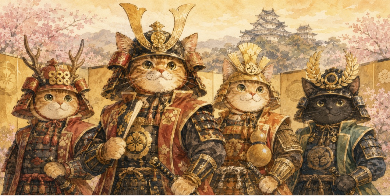 戦国の有名武将に扮したちびとら猫たち