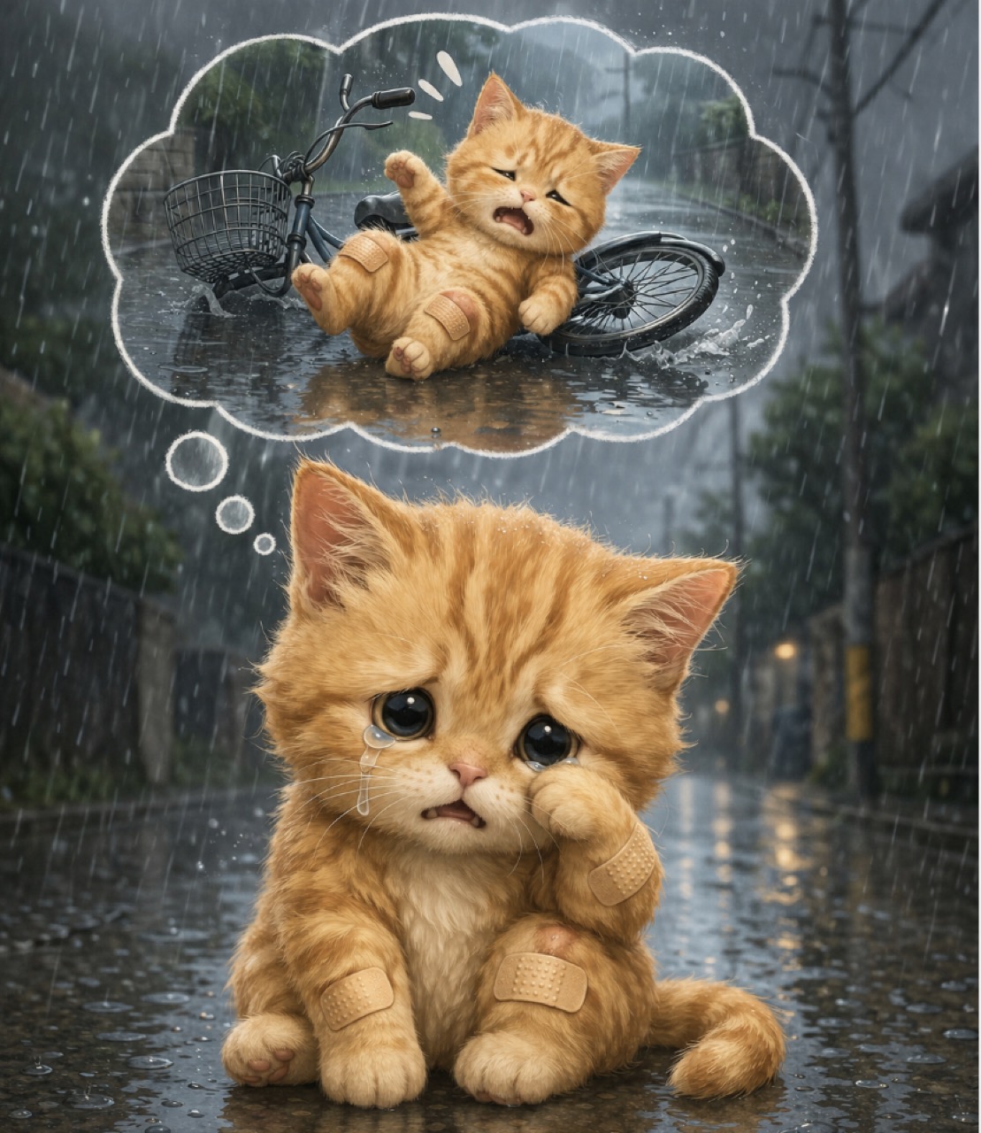 雨の道で絆創膏を貼った子猫が、自転車で転んだ場面を思い出して泣いている