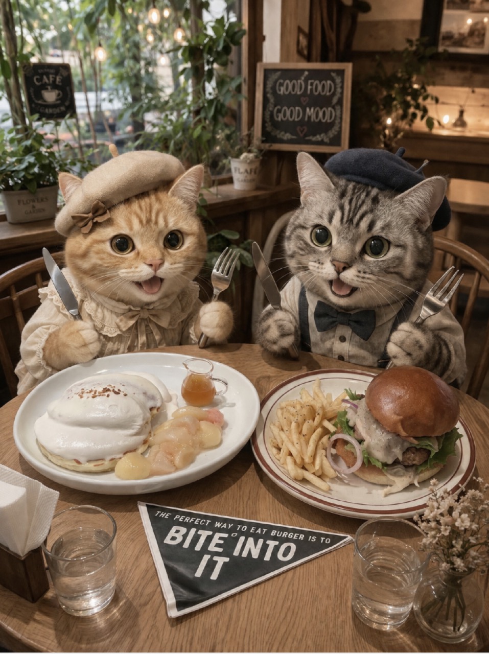 カフェでパンケーキとバーガーを前に、ナイフとフォークを持って喜ぶ茶トラ猫とサバトラ猫