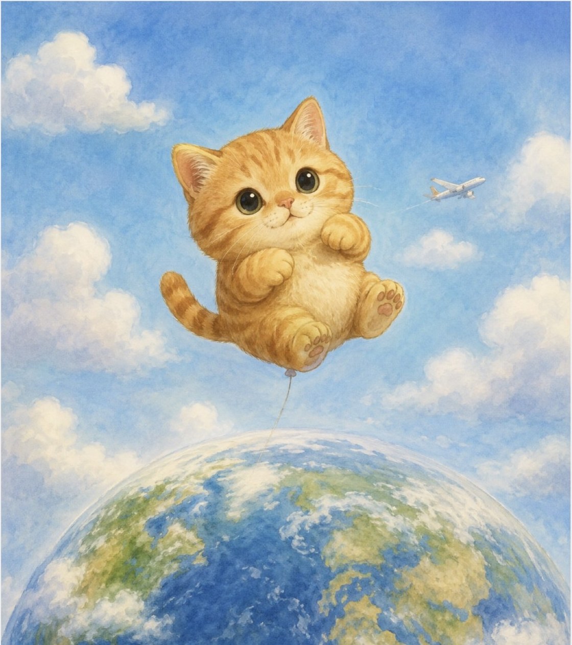 丸い地球の上の空に、風船のようにふわりと浮かぶ茶トラ猫と、遠くを飛ぶ飛行機の絵