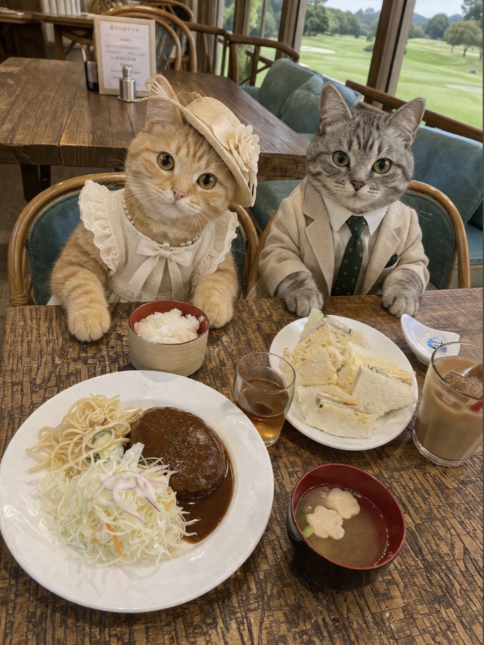 ゴルフ場のレストランで、帽子をかぶった茶トラ猫とスーツのサバトラ猫がハンバーグ定食とサンドイッチのお昼ごはん