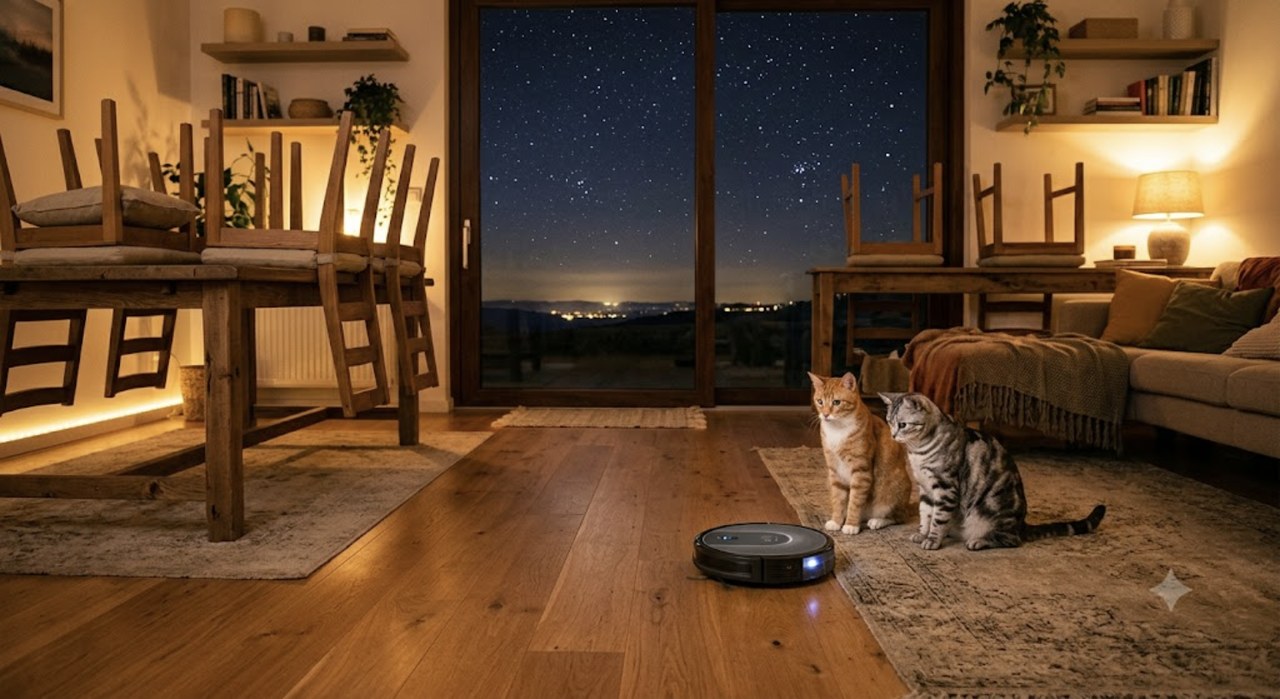 椅子や小物をテーブルの上に上げた夜のリビングで、床を走るロボット掃除機を眺める茶トラ猫とサバトラ猫。窓の外には星空