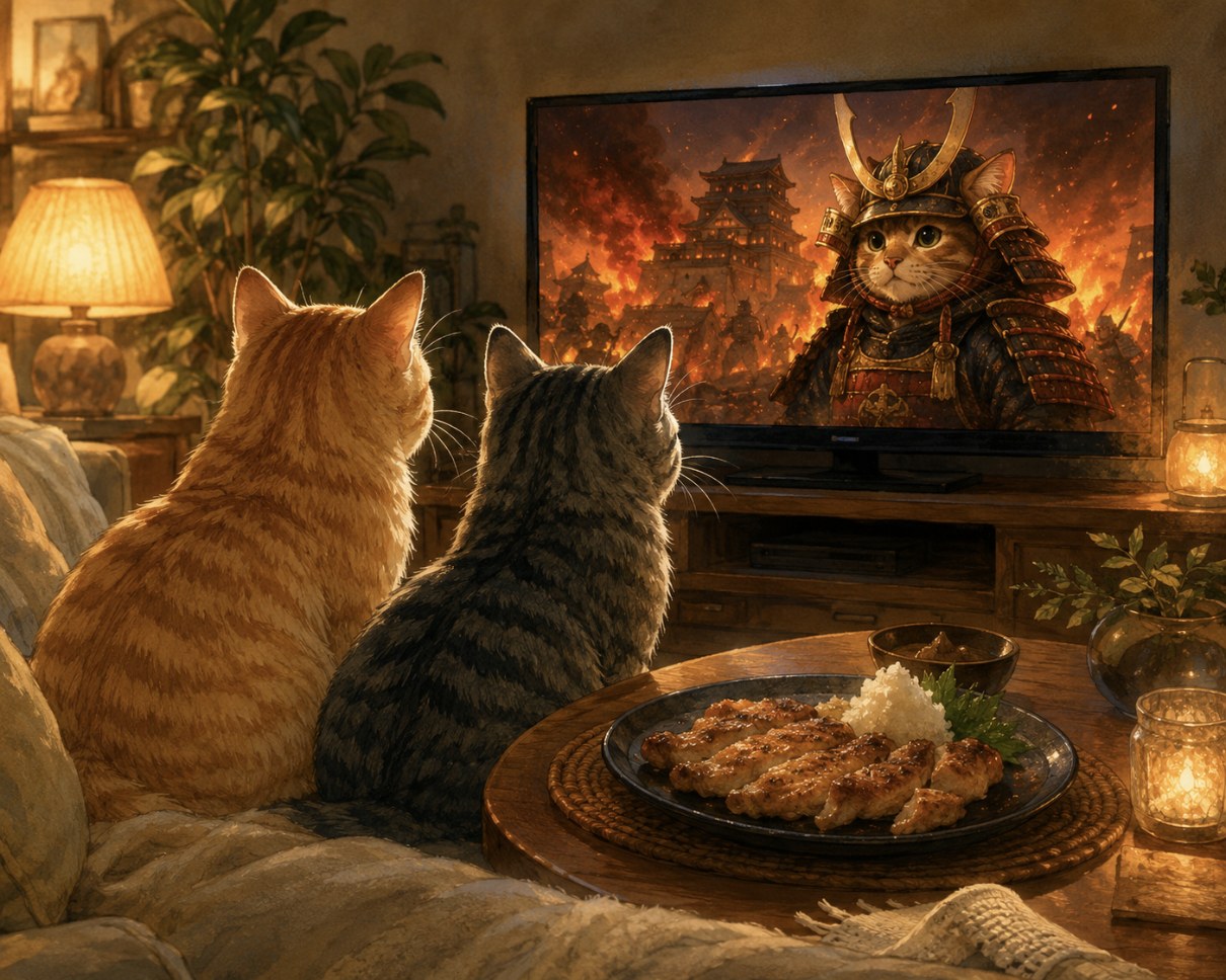 夜のリビングで、燃えるお城と兜の武者猫が映るテレビを見つめる茶トラ猫とサバトラ猫。テーブルには大根おろしをのせた鶏ももステーキ