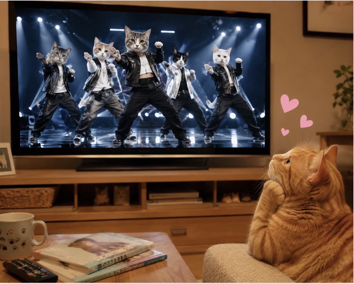 テレビでK-POPのMVをうっとり見るチビとら