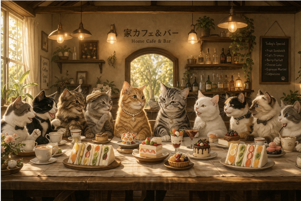 長いテーブルに横一列に並んだ猫たちが、フルーツサンドやケーキを囲んでいる、名画「最後の晩餐」のパロディ風のカフェの絵