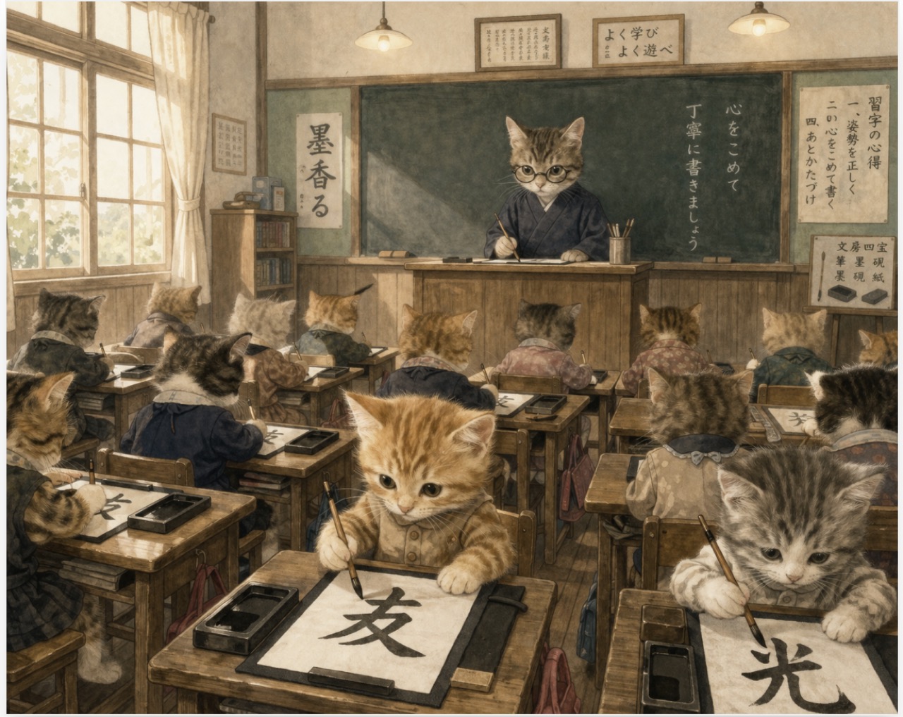 昔の小学校の教室で、半紙と筆を前に習字の練習をする茶トラの子猫と、教壇から見守る先生猫