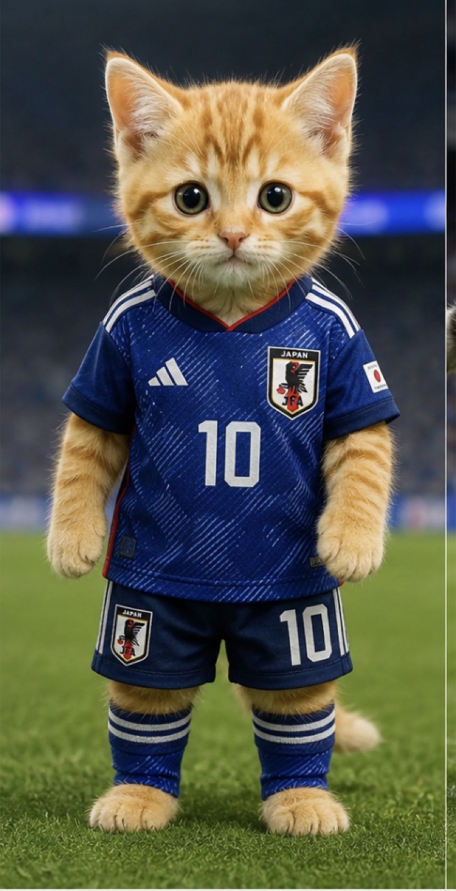 日本代表のユニフォームを着たサッカー姿のチビとら