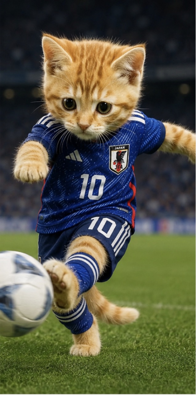 ボールを蹴るサッカー姿のチビとら