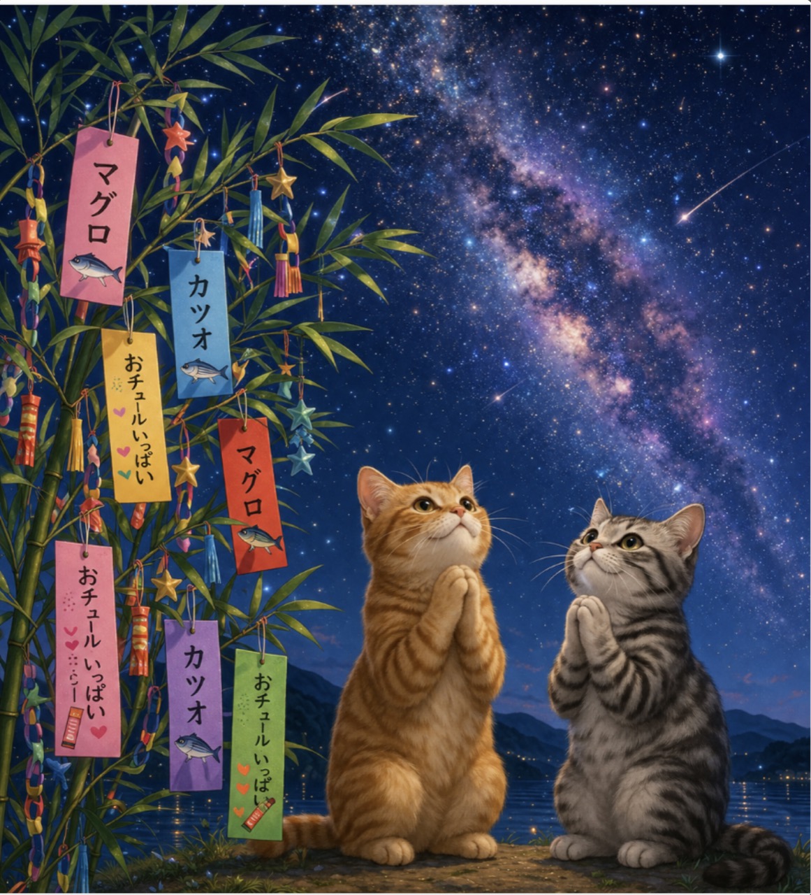 七夕の夜、天の川の下で笹飾りに手を合わせてお願いごとをする茶トラとサバトラの猫。短冊にはマグロ・カツオ・おチュールいっぱい