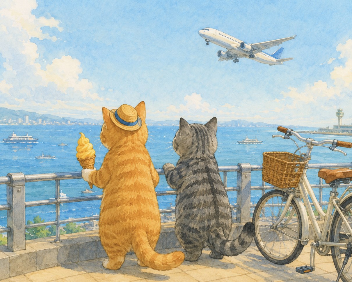 空港の展望デッキで海の船と空の飛行機を眺める茶トラ猫とサバトラ猫