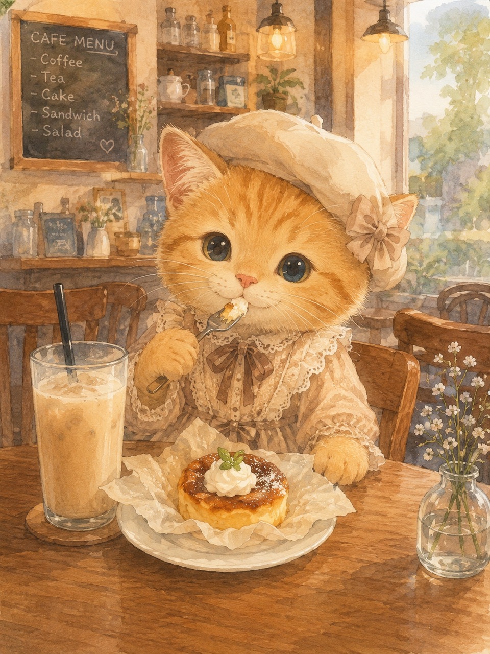 白い帽子とレースの服を着た茶トラの子猫が、カフェのテーブルでフォークを片手にバスクチーズケーキを食べている水彩イラスト。そばに冷たいミルクティーのグラス