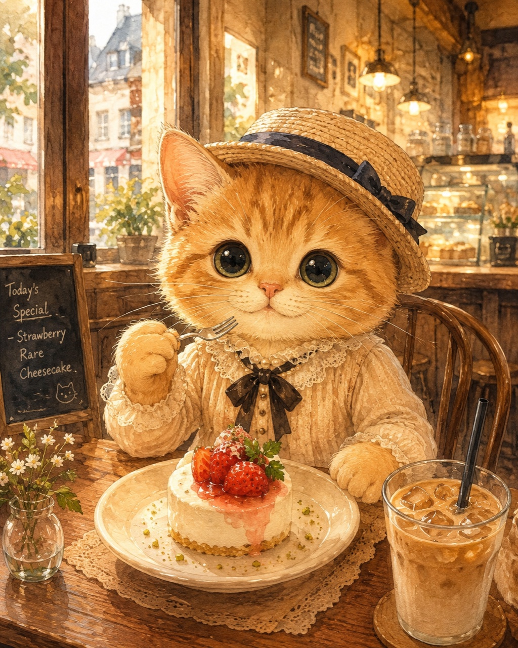 窓辺のカフェの席で、麦わら帽子とレースの服を着た茶トラの子猫がフォークを持って、いちごのレアチーズケーキとアイスカフェオレを前にしている水彩イラスト。壁の黒板には Today's Special と書かれている