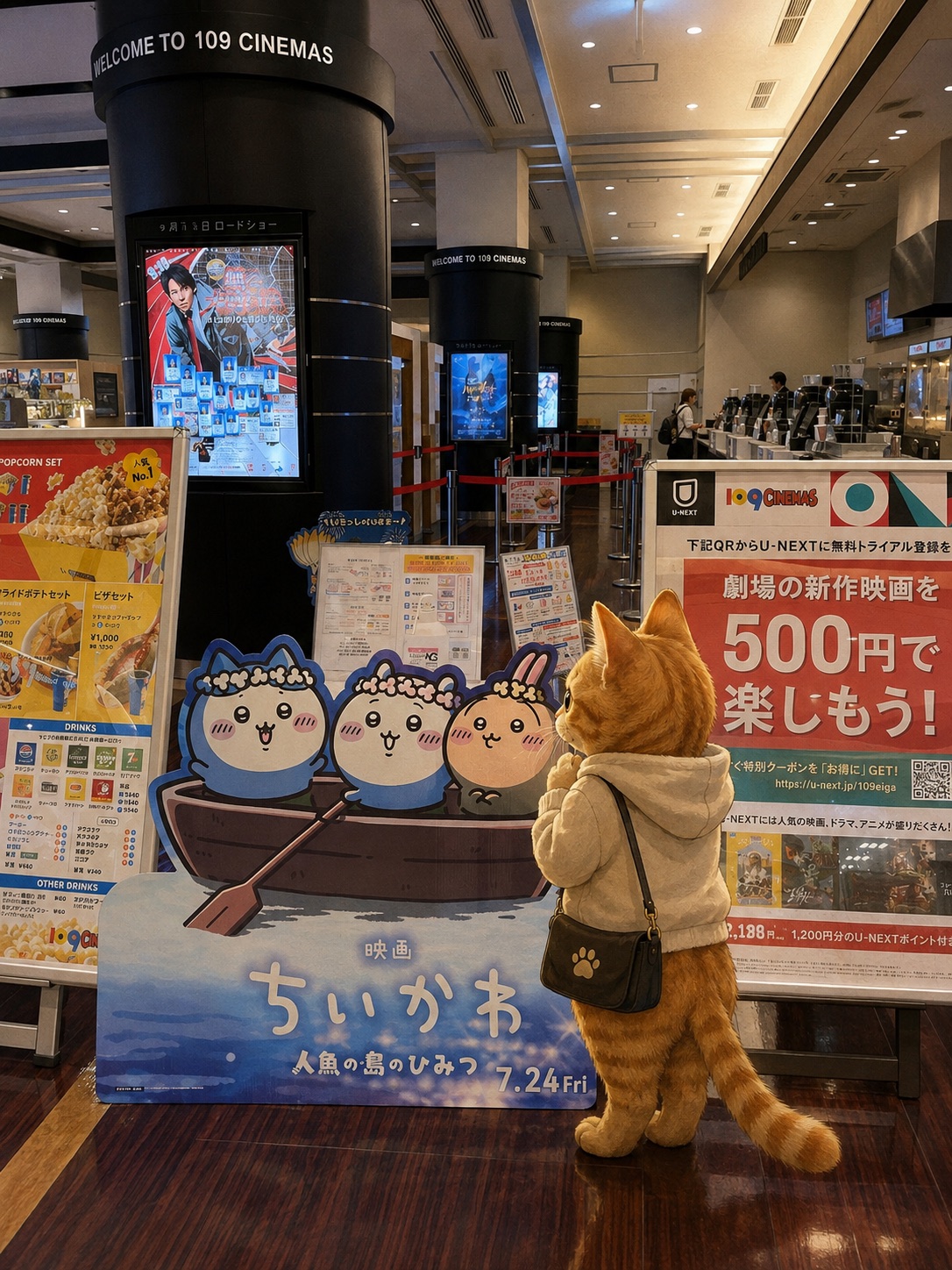 映画館のロビーで、パーカーを着てショルダーバッグを提げた茶トラの猫が、ちいかわの映画の立て看板をじっと見上げている写真
