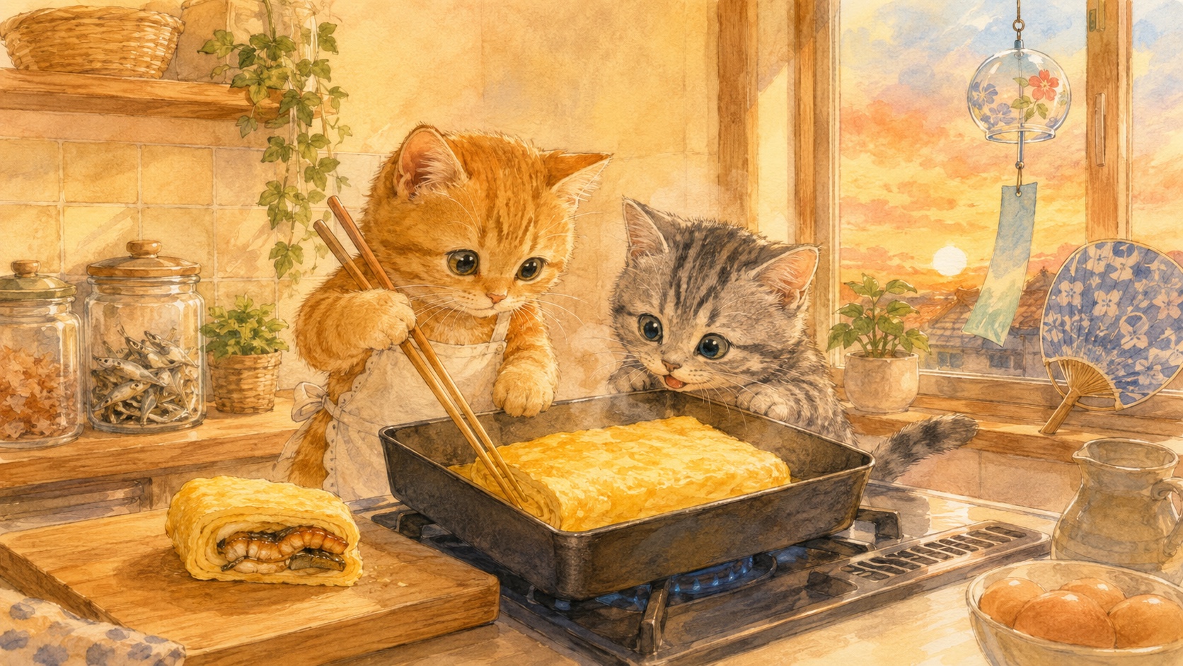 夕焼けの台所で、エプロンをつけた茶トラの子猫が菜箸で巨大なだし巻き卵を焼き、サバトラの子猫が横からのぞきこんでいる水彩イラスト。手前のまな板にはうなぎの層が見えるだし巻きの切り口、窓辺には風鈴とうちわ