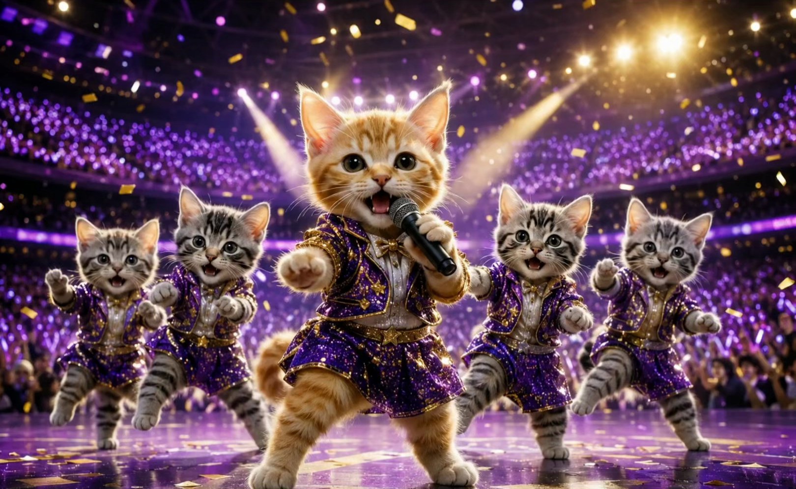 夜のスタジアムのハーフタイムショーのステージで、紫と金の衣装を着てマイクを持ち、先頭で歌い踊る茶トラの子猫と、後ろで踊るサバトラの子猫たち