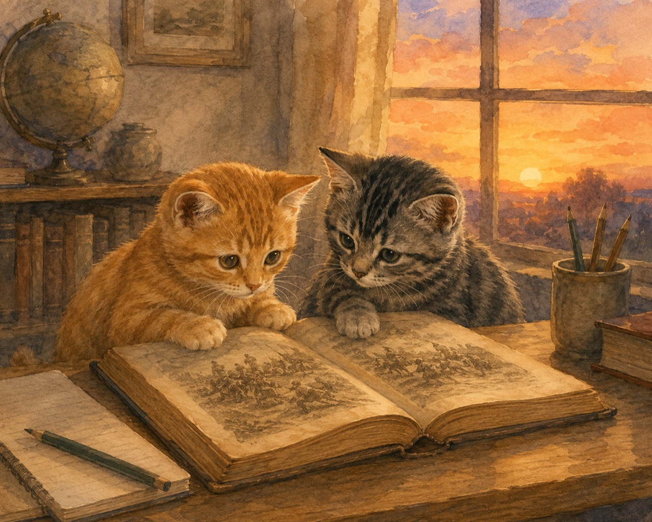 夕暮れの書斎で、茶トラの子猫とサバトラの子猫が、古い歴史の本に描かれた合戦の挿絵を静かに見つめている水彩イラスト。窓の外には沈みかけた夕日、棚には地球儀