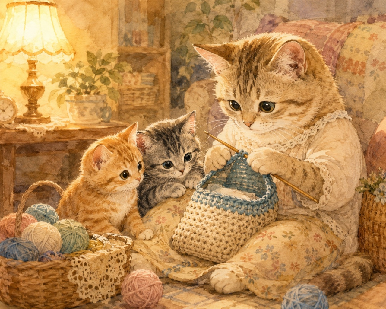 あたたかい部屋で編み物をするお母さん猫と、毛糸玉を見つめる茶トラ猫とサバトラ猫