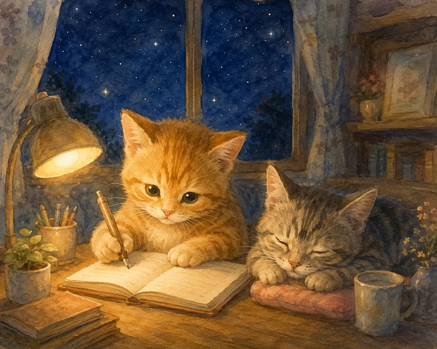 真夜中の机で、スタンドライトの明かりの下、茶トラの子猫がノートに日記を書き、そばでサバトラの子猫がうとうと眠っている水彩イラスト