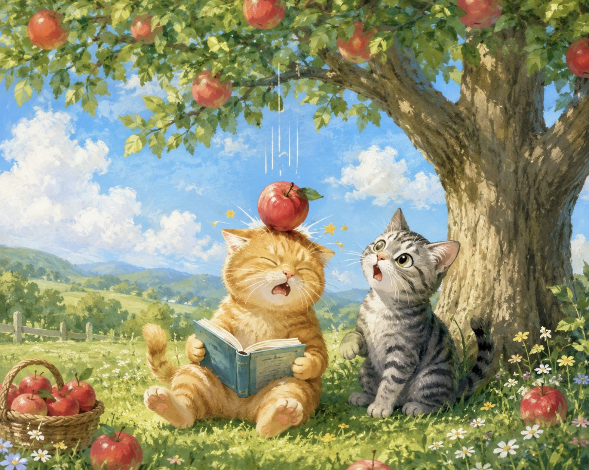 リンゴの木の下で本を読んでいた茶トラ猫の頭に赤いリンゴが落ちて、隣のサバトラ猫が驚いて見上げている