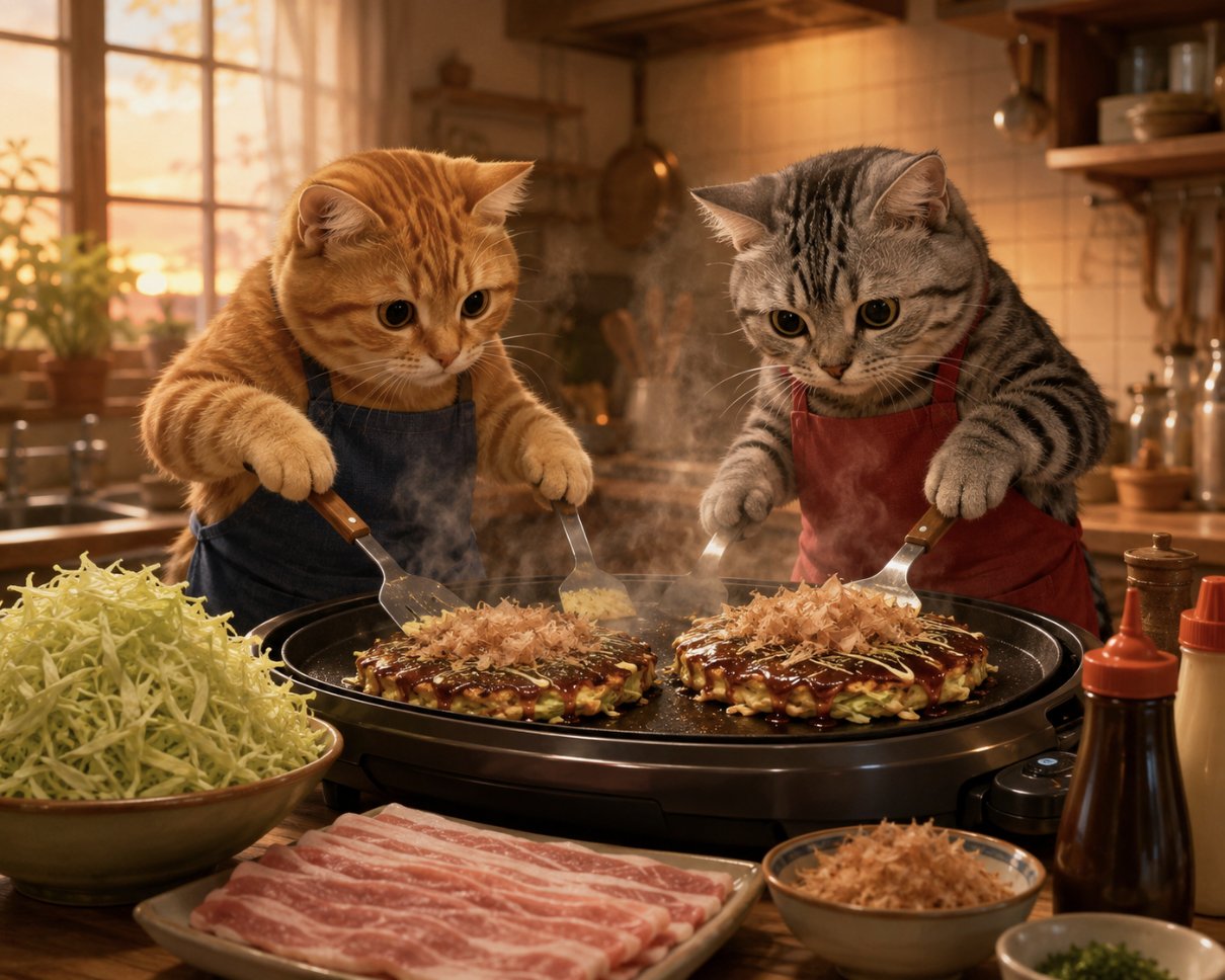 夕方のキッチンでホットプレートのお好み焼きを焼く茶トラ猫とサバトラ猫。千切りキャベツの山と湯気