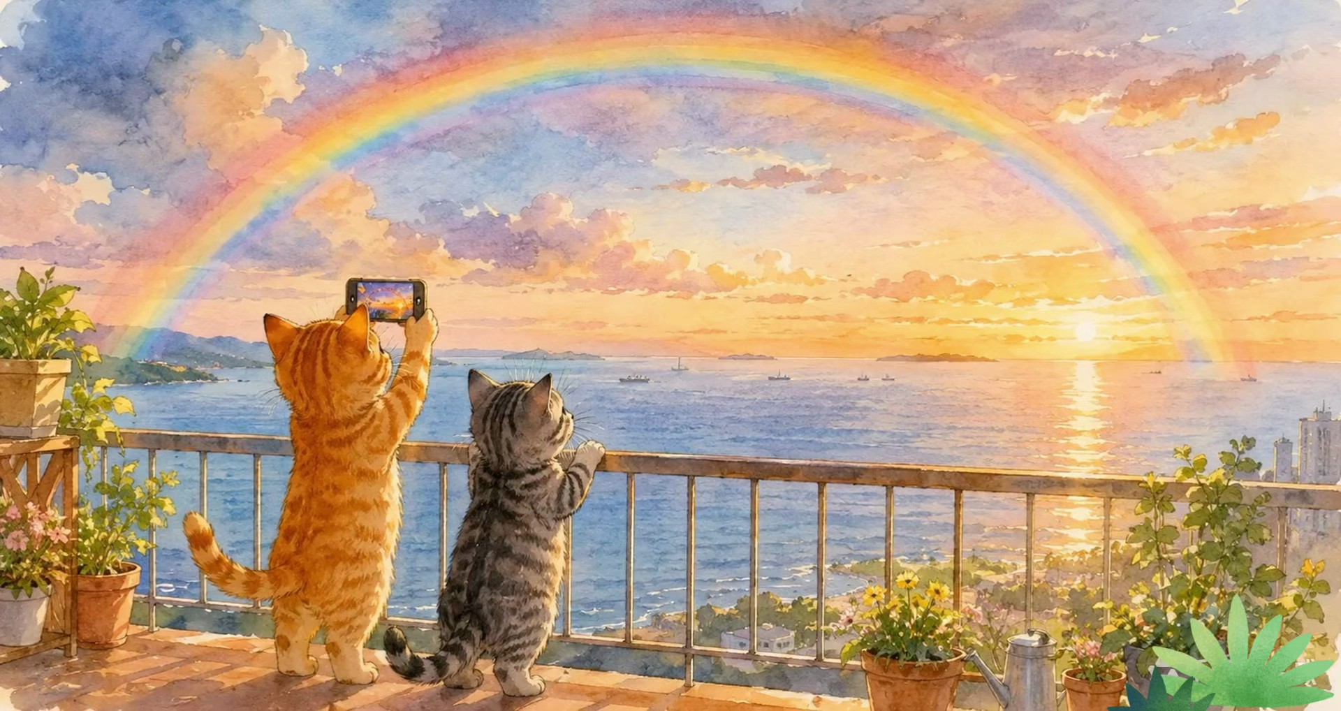 夕方のベランダで、茶トラの子猫とサバトラの子猫が手すりごしに海の上へ架かった大きな虹を見上げている水彩イラスト。茶トラはスマホを構えている
