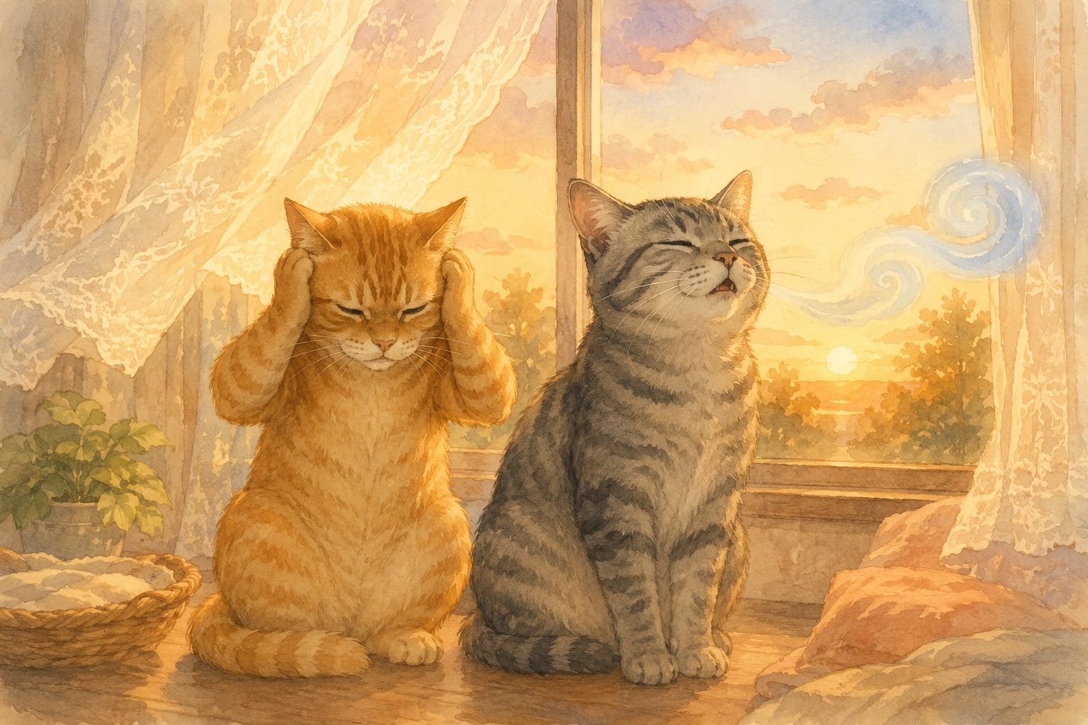 夕方の窓辺で、茶トラの猫が前足で自分の両耳を押さえてしゃっくりを止めようとし、隣でサバトラの猫が目を閉じてゆっくり息を吐いている水彩画