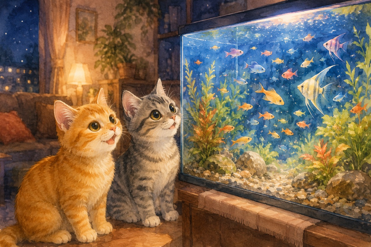 夜のリビングで、カラフルな魚が泳ぐ水槽をうれしそうに眺める茶トラ猫とサバトラ猫