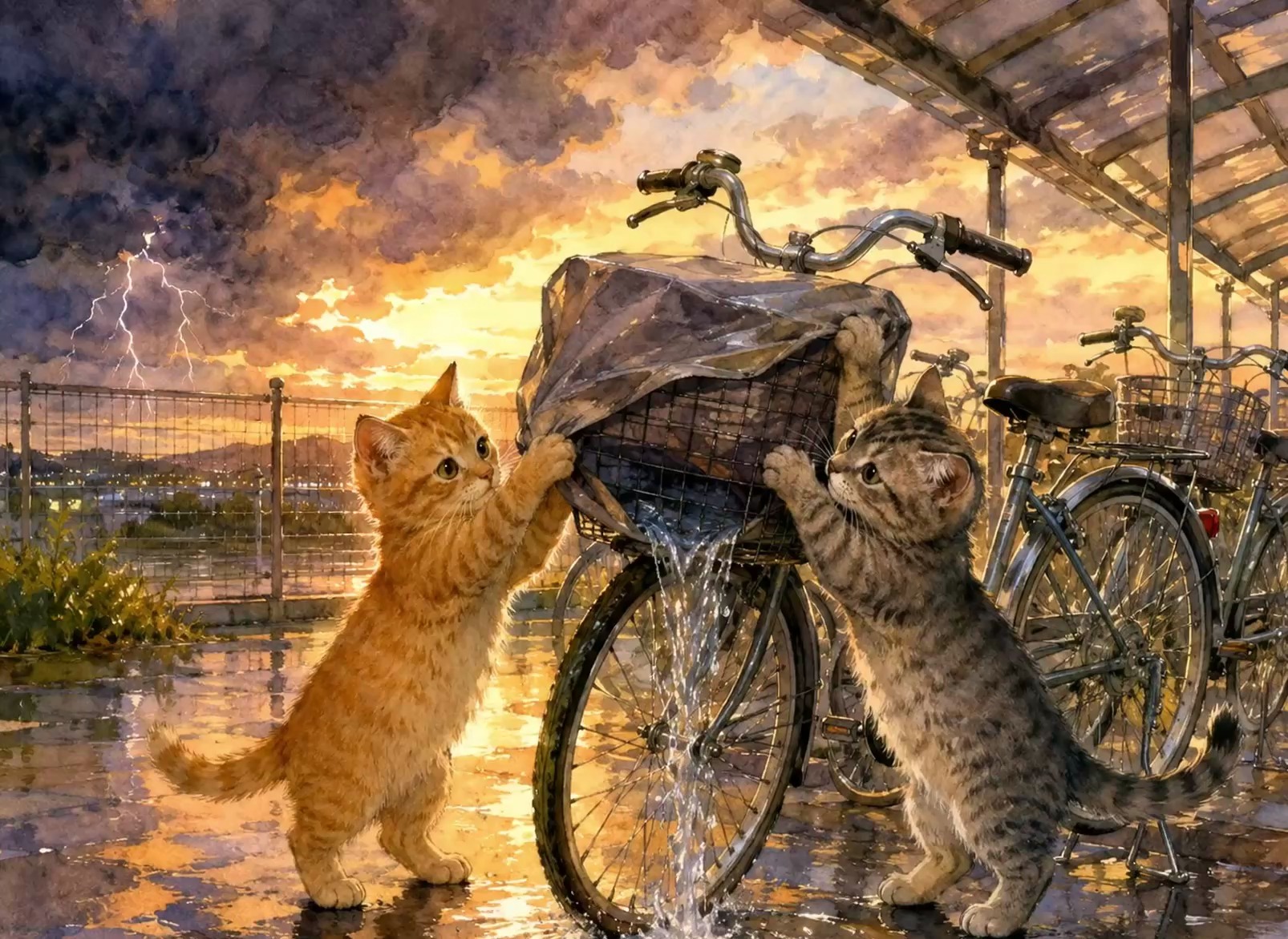 雨上がりの夕方、駐輪場で茶トラの子猫とサバトラの子猫が、水のたまったカゴカバーを傾けて雨水を落としている水彩イラスト。遠くの空にはまだ雲と稲光が残っている