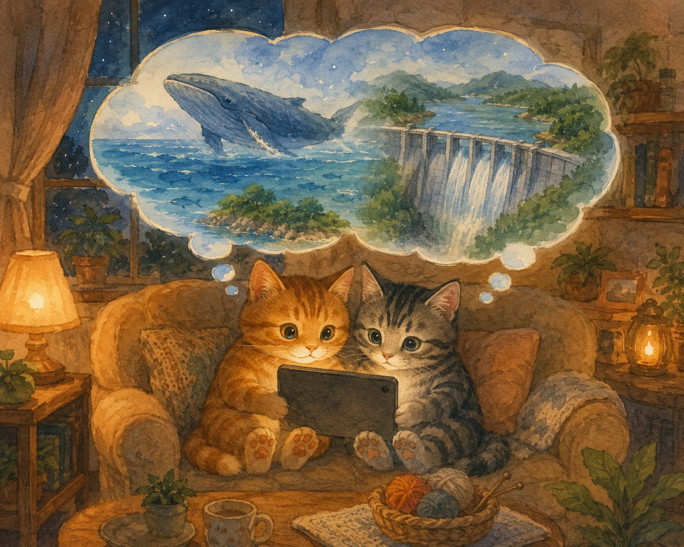 夜のリビングのソファで、茶トラとサバトラの2匹の子猫がタブレットで旅の動画を見ている水彩イラスト。頭の上の大きな吹き出しの中に、海を泳ぐクジラと緑の島と大きなダムが描かれている