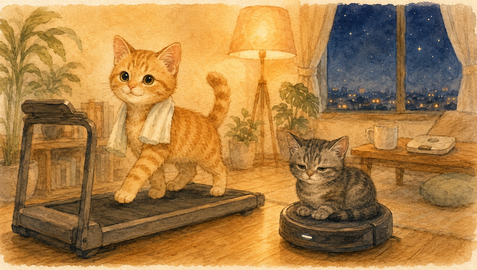 夜の部屋で、茶トラの子猫がウォーキングマシンの上をゆっくり歩き、サバトラの子猫がロボット掃除機に乗って床を進んでいる水彩イラスト